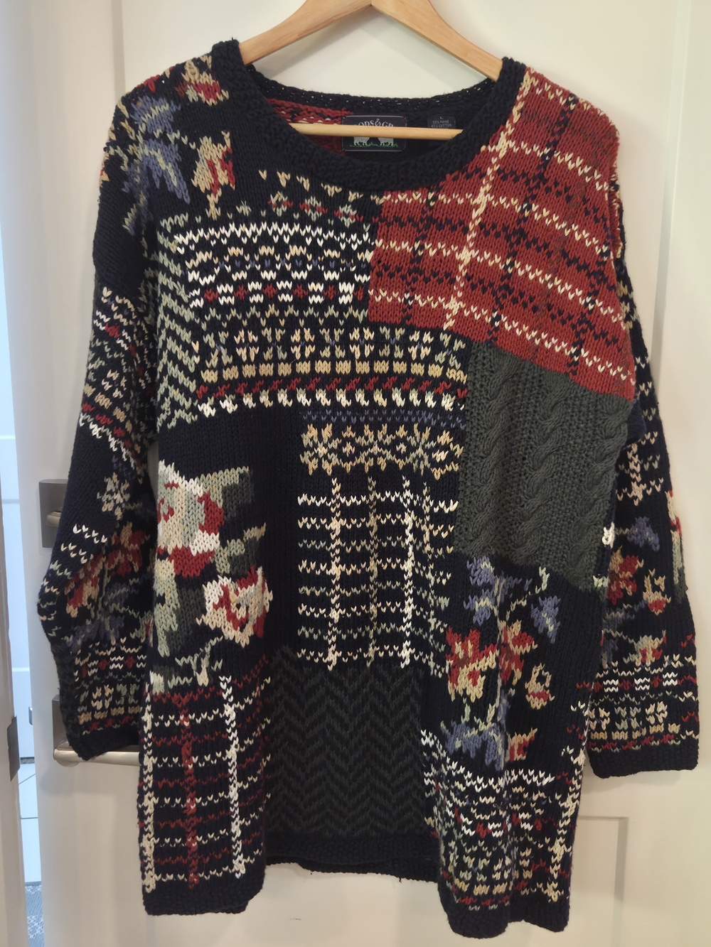 Vintage Woods & Gray Patchwork Sweater L Boho  Cottagecore Grandmacore